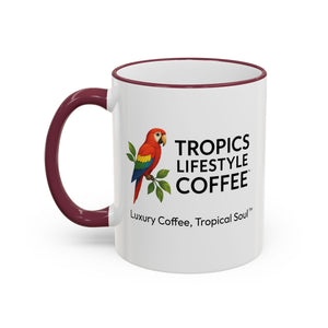 Accent Rim & Handle Coffee Mug ~ Tropics Lifestyle Coffee Parrot Logo