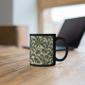 TropicalBlack Mug, 11 & 15 oz – Botanical Palm Mosaic Coffee Cup