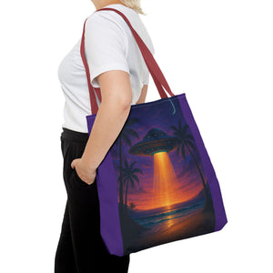 UFO at Beach Sunset Tote Bag, Purple - 3 Sizes
