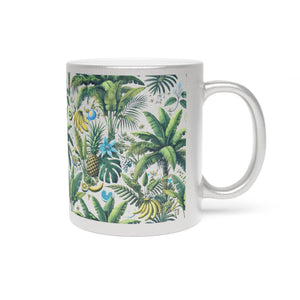 Tropical Metallic Mug, Silver - Palms & Bananas, White