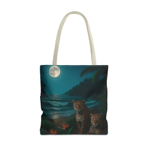 Tropical Beach & Jaguars Tote Bag, Black - 3 Sizes