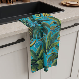 Tropical Microfiber Coffee/Tea Towel — Palms & Bananas, Aqua Blue