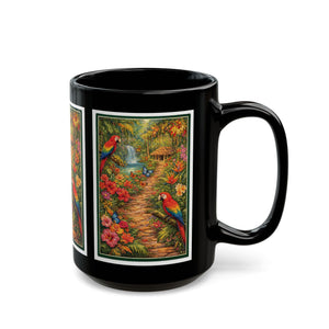 Tropical Parrot Black Mug — Colorful Jungle Scene Coffee Cup (11oz/15oz)
