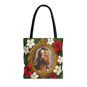 Religious Art Polyester Tote Bag, 3 Sizes / "Head of Christ" Jesus Portrait, Red Flowers