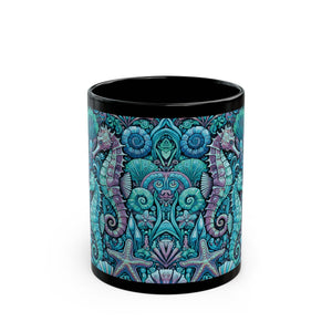 Black Coffee Mug - Seahorse Trio, Turquoise
