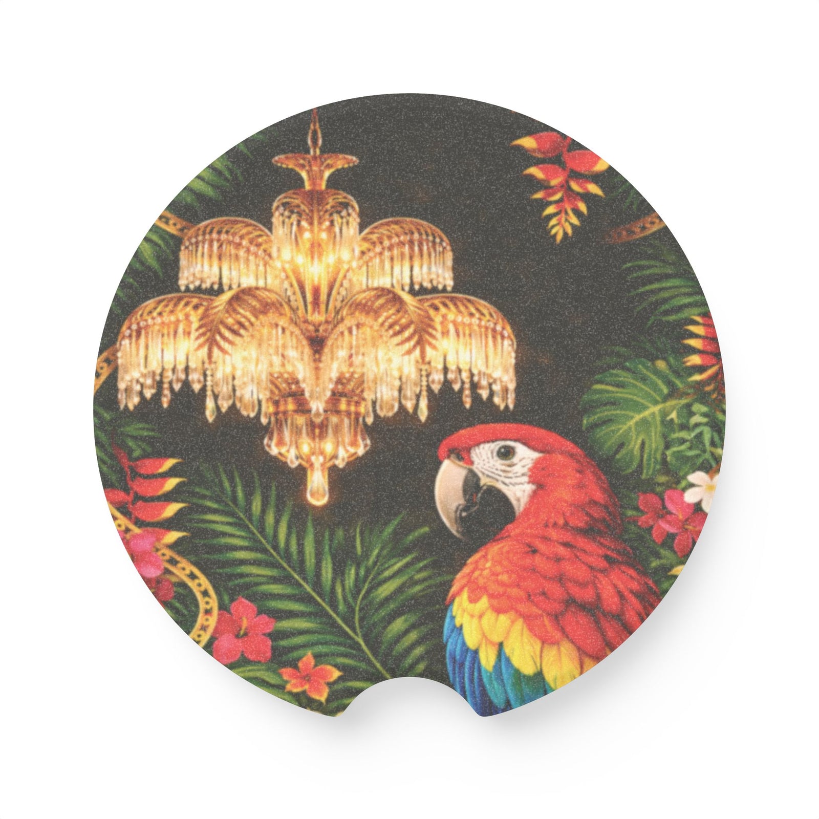 Tropical Parrot Soapstone Car Coaster — Vintage Chandelier & Jungle Floral Design