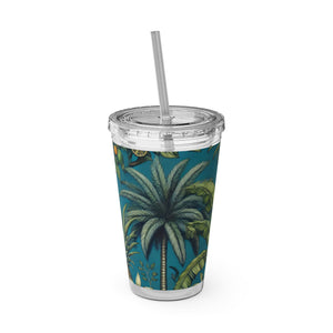 Tropical Tumbler with Straw | 16 oz: Tropical Palms & Fruit, Blue