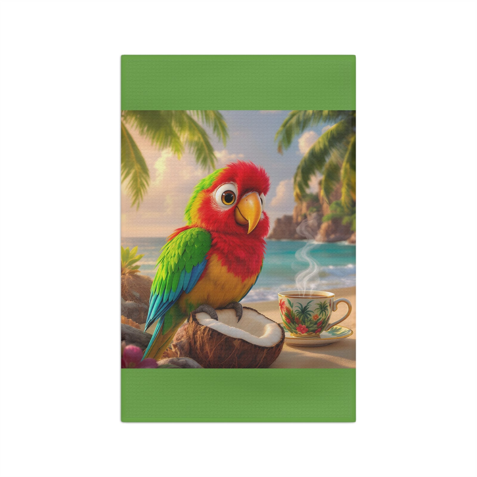 Tropical Microfiber Coffee/Tea Towel — Tiki the Parrot at Beach, V2, Green