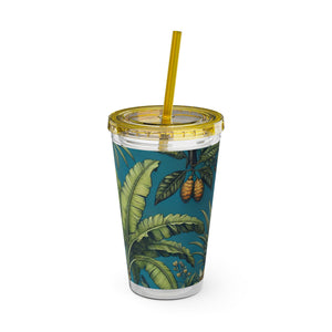 Tropical Tumbler with Straw | 16 oz: Tropical Palms & Fruit, Blue