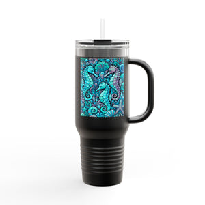 Insulated Travel Mug, 40oz / Seahorses, Turquoise - Perfect for Outdoor Adventures