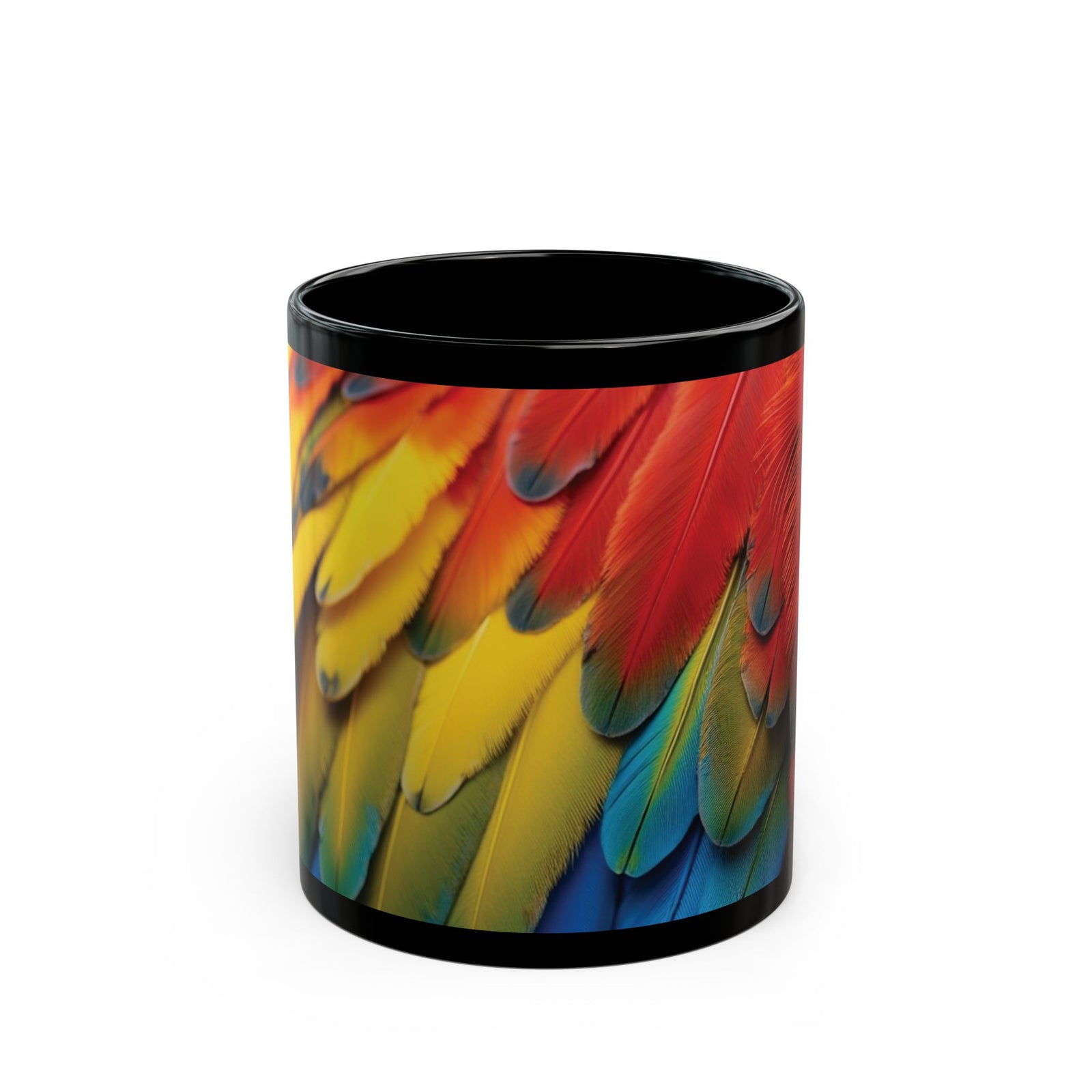 Black Coffee Mug - Colorful Macaw Parrot Feathers