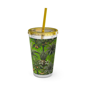 Tropical Tumbler with Straw | 16 oz: Tropical Palms & Fruit, Green