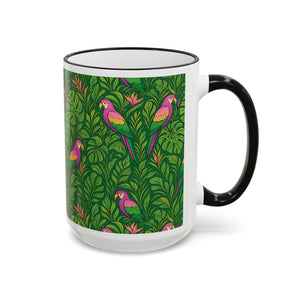 Accent Rim & Handle Coffee Mug ~ Parrot Family, Pink