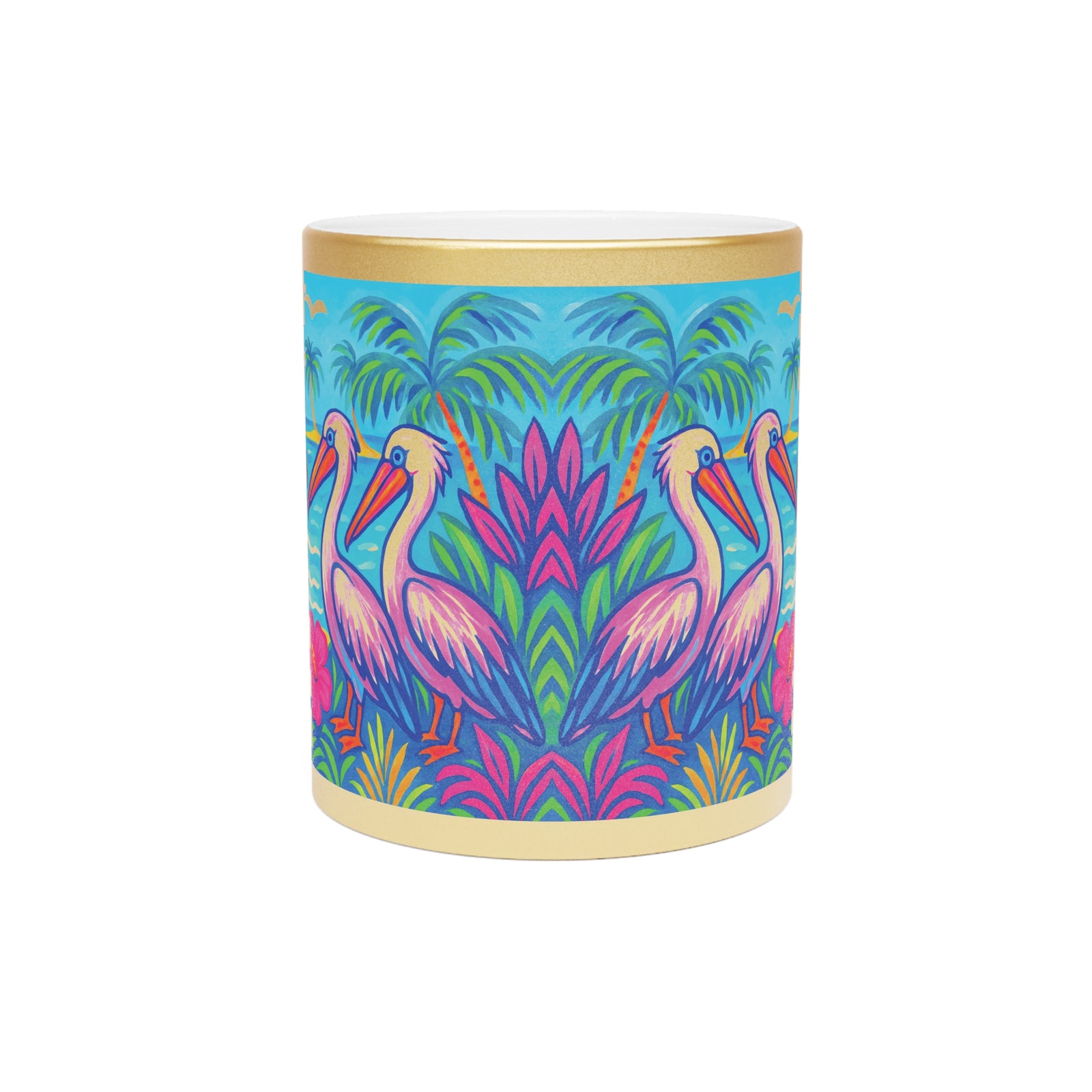 Tropical Metallic Mug, Gold or Silver: Beach Pelicans