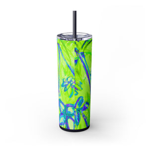 Tropical Doodles/Lime Green, 20oz Skinny Matte Tumbler with Straw - Beach Vibes