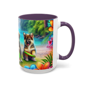 Cute Beach Puppies Playing Frisbee - Black Coffee Mug - Perfect Gift for Dog Lovers