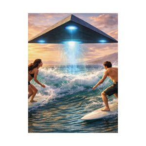 Surfing Encounter UFO Poster — Matte Vertical Sci‑Fi Beach Art Print