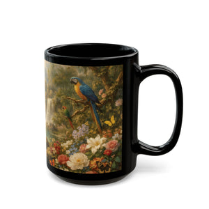 Black Ceramic Mug — Vintage Floral Rainforest Landscape, 11oz/15oz