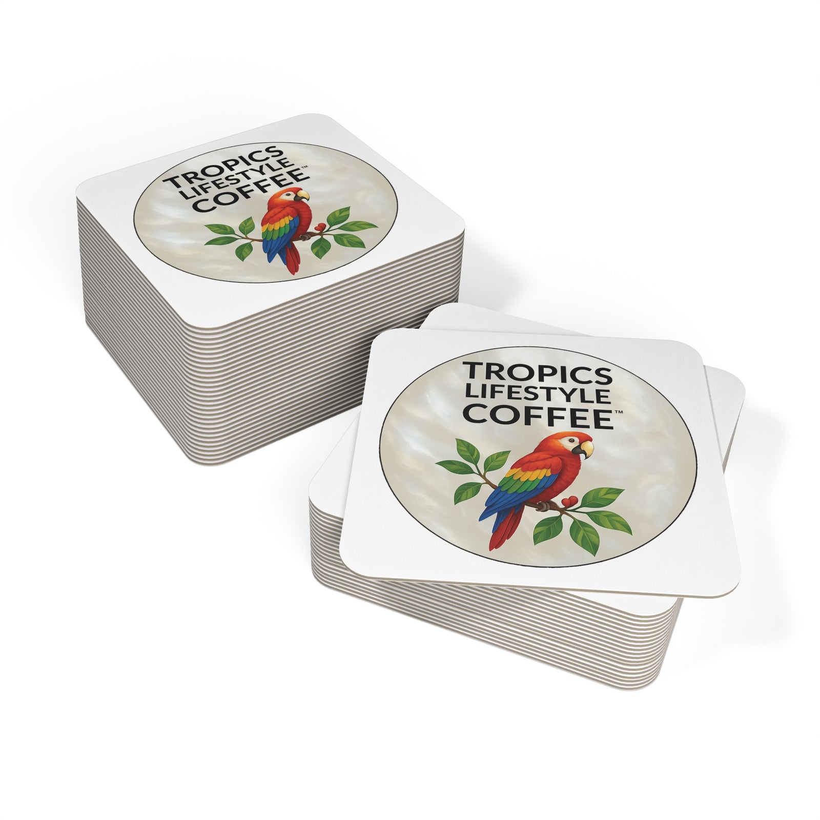 Bulk Hardboard Coffee Coasters -  Parrot MOP Logo (50/100 pcs), white