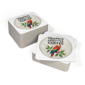 Bulk Hardboard Coffee Coasters -  Parrot MOP Logo (50/100 pcs), white