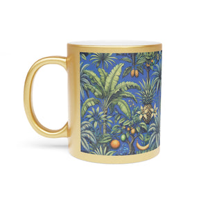 Tropical Metallic Mug, Gold or Silver - Tropical Palms & Fruit, Ocean Blue