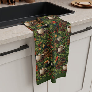 Microfiber Coffee & Tea Towel — Tropical Parrot, Toucan & Coffee Pattern