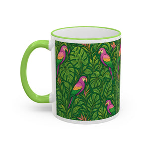 Accent Rim & Handle Coffee Mug ~ Parrot Family, Pink