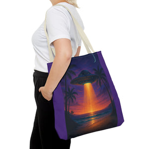 UFO at Beach Sunset Tote Bag, Purple - 3 Sizes
