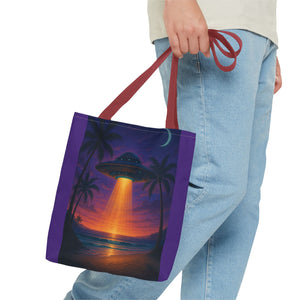 UFO at Beach Sunset Tote Bag, Purple - 3 Sizes