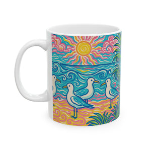 Ceramic White Mug - 11oz & 15oz, / Tropical Beach Seagulls