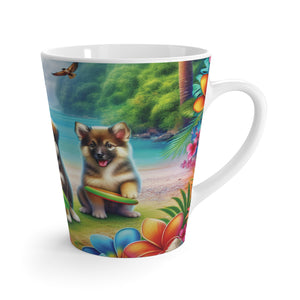Latte White Mug - Puppies Playing Frisbee at Beach