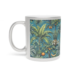 Tropical Metallic Mug, Gold or Silver - Palms & Oranges, Peacock Blue