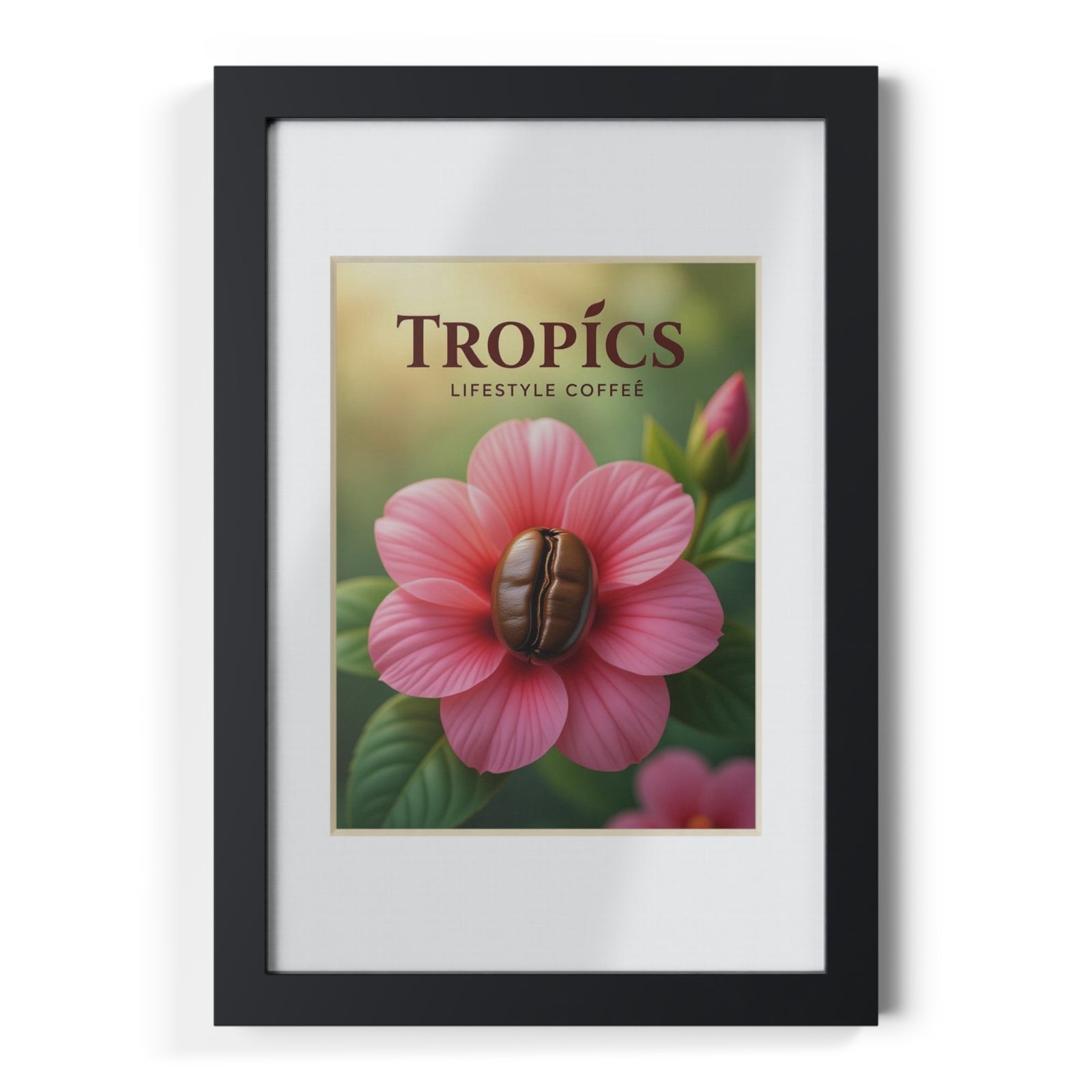 Framed Coffee Art Print — Pink Flower with Coffee Bean Center (Our Brand)