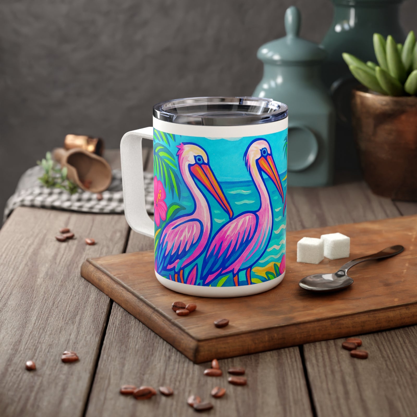 Tropical Insulated Coffee Mug: Pelican Friends