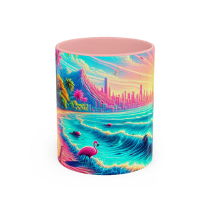 Accent Color Coffee Mug (11, 15oz) / Pop Art Flamingo Beach, Various Colors