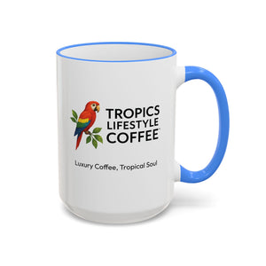 Accent Rim & Handle Coffee Mug ~ Tropics Lifestyle Coffee Parrot Logo