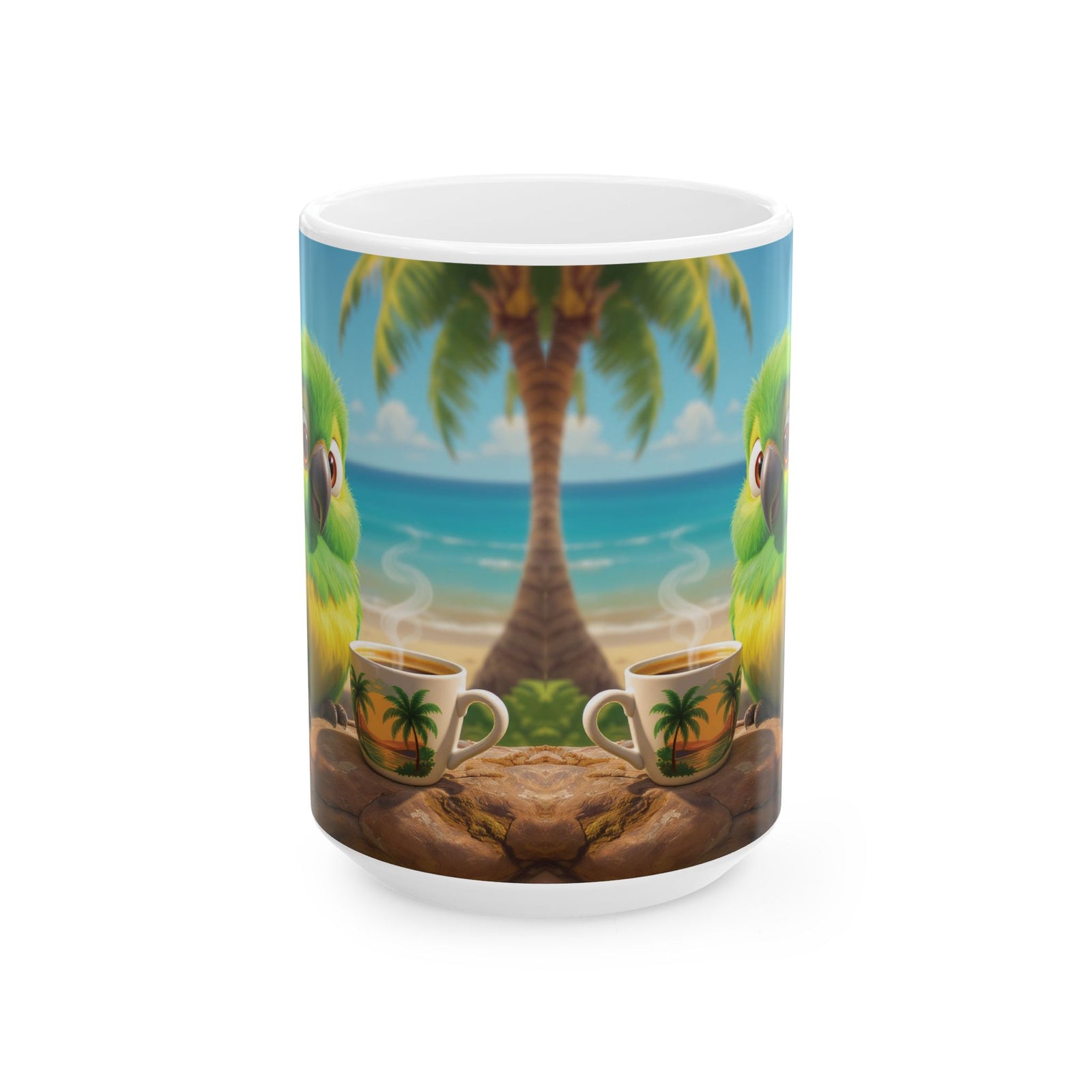 Ceramic White Mug - Lulu the Parrot Drinks Coffee