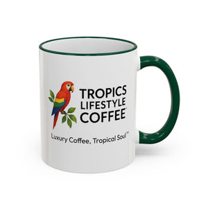 Accent Rim & Handle Coffee Mug ~ Tropics Lifestyle Coffee Parrot Logo