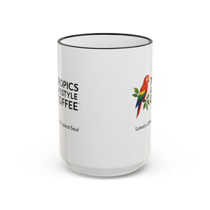 Accent Rim & Handle Coffee Mug ~ Tropics Lifestyle Coffee Parrot Logo