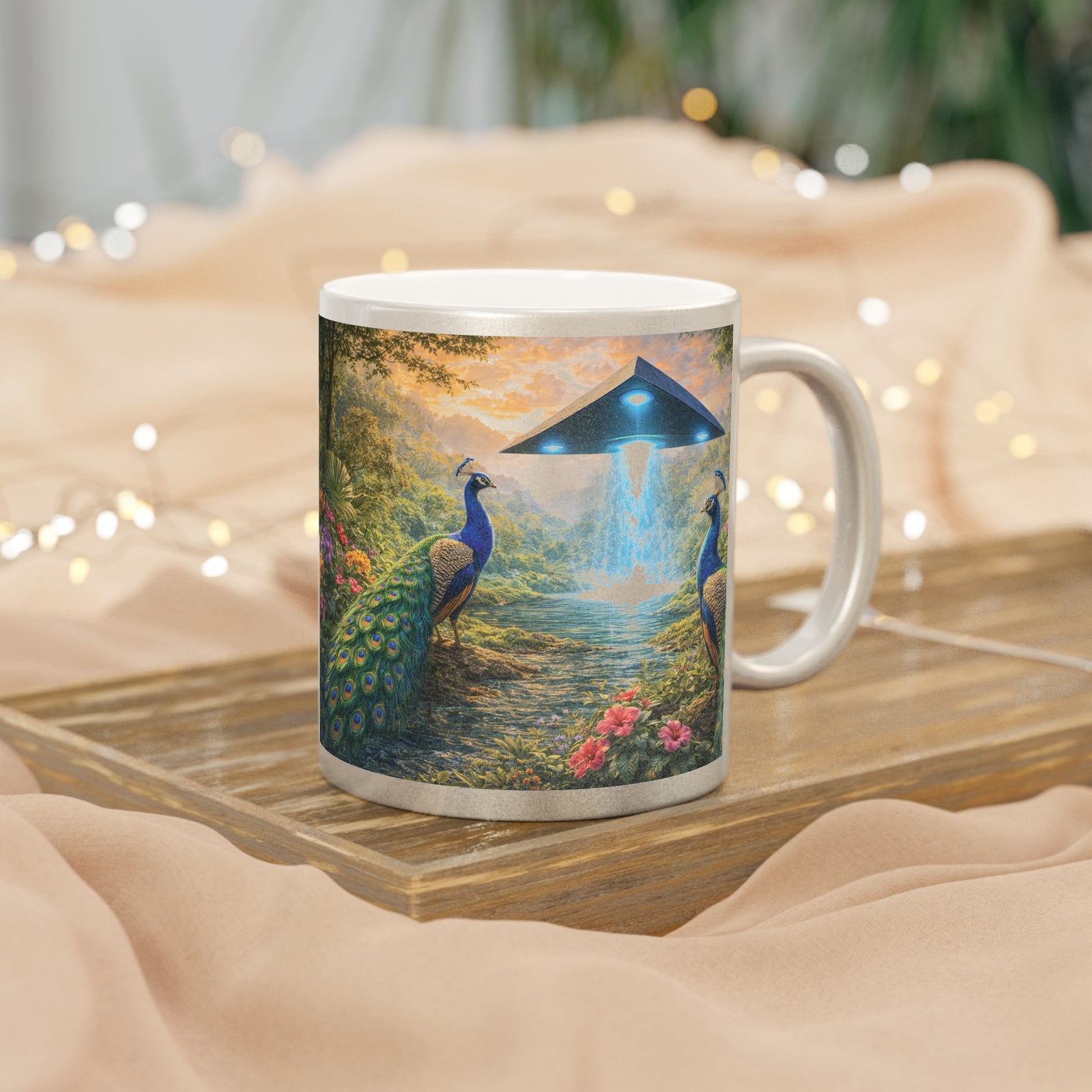 Tropical Metallic Mug, Gold or Silver - UFO & Peacocks