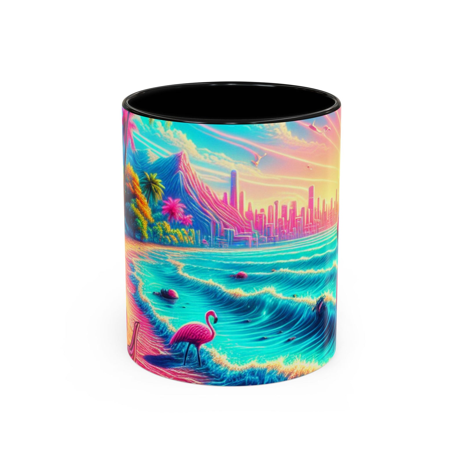 Accent Color Coffee Mug (11, 15oz) / Pop Art Flamingo Beach, Various Colors