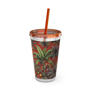 Tropical Tumbler with Straw | 16 oz: Tropical Palms & Fruit, Red