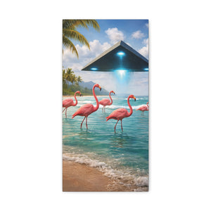 Matte Canvas Print — Flamingos & UFO Beach Wall Art