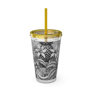Tropical Tumbler with Straw | 16 oz: Tropical Palms & Fruit, Noir