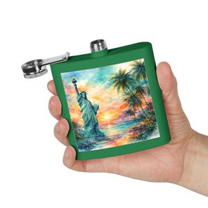 6oz Stainless Steel Flask — Sunset Statue of Liberty Coastal Art