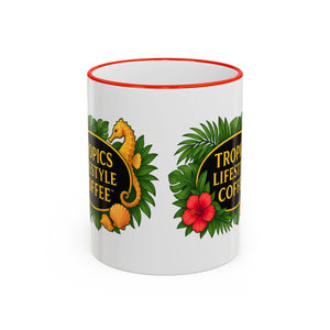 Accent Rim & Handle Coffee Mug ~ Tropics Lifestyle Coffee Seahorse Logo/White