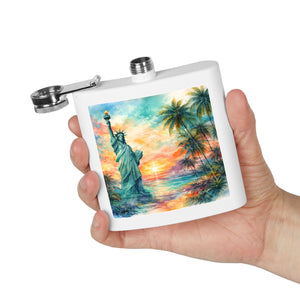 6oz Stainless Steel Flask — Sunset Statue of Liberty Coastal Art