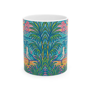 Ceramic White Mug - 11oz & 15oz, / Tropical Beach Seagulls