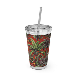 Tropical Tumbler with Straw | 16 oz: Tropical Palms & Fruit, Red