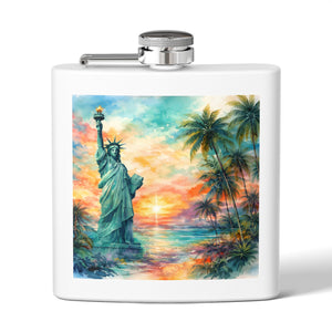 6oz Stainless Steel Flask — Sunset Statue of Liberty Coastal Art